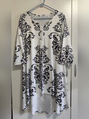 White and Black Patterned Henley Dress